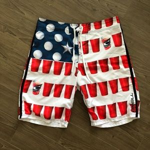 O’Neill American Flag beer pong swim trunks